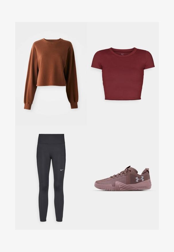 Brun cropped sweatshirt lavet af blødt bomuldsblandingsstof. Har lange ærmer og en rund halsudskæring med ribbede kanter. Glat tekstur.; Bordeaux kortærmet crop top lavet af glat stof med rund halsudskæring. Minimalistisk design, ingen synlige logoer eller mønstre.; Sorte leggings lavet af strækbart stof, med en høj talje og et hvidt Nike-logo på venstre lår. Glat tekstur, tætsiddende design.; Mørke pink sportsko med tekstureret mesh-overdel, gummisål og udtalt grip-mønster; har logo på siden og polstret krave.