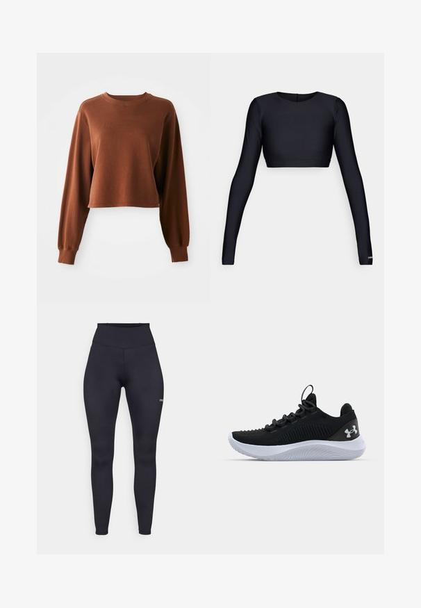 Sweatshirt cropped brun en tissu doux à base de coton. Présente des manches longues et un col rond avec bord côtelé. Texture lisse.; Crop top noir à manches longues, fabriqué dans un matériau lisse et extensible. Doté d'un col rond et d'un design minimaliste avec un ourlet droit.; Leggings noirs taille haute en tissu extensible, avec une texture lisse et un petit logo sur la jambe inférieure. Design ajusté.; Baskets de sport noires avec une tige en maille respirante, des détails texturés et une semelle en caoutchouc blanche. Elles sont dotées de lacets plats et d'une languette au talon.