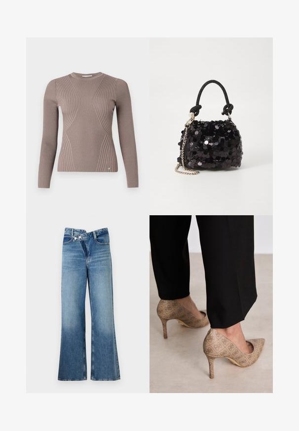 Ilga rankovė ribotu megztinis šviesiai taupe spalvos, su prigludusia forma, turintis tekstūrinių raštų ir mažą logotipo akcentą apatinėje dalyje.; Šviesiai mėlynos džinsinės kelnes platėjančios apačios, aukštu liemeniu, su dviem saga ir priekinių kišenių detalėmis. Medžiaga turi išblukusį tekstūrą su subtiliais skirtumais.; Smėliniai aukštakulniai bateliai su tekstūruotu audiniu, kuriame yra pasikartojanti tekstūra. Išgaubtas pirštas, su užpakaline akcentu ir auksiniu kulno detaliu.; Juodas blizgučių mini rankinukas su mazguotu tekstūruotu dirželiu ir sidabro grandine. Suapvalinta forma su susiraukšlėtopu ir atspindinčiomis detalėmis.