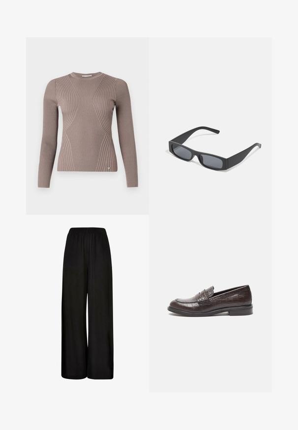 Lange mouw rib gebreid trui in licht taupe, met een aansluitend ontwerp, textuurpatronen en een kleine logo-accentuering aan de onderkant.; Zwarte wijde pantalon gemaakt van een gladde stof. Heeft een elastische tailleband en een losse, vloeiende pasvorm voor comfort en bewegingsvrijheid.; Donkerbruine leren instappers met een krokodillenstructuur, een lage hak en gestikte details aan de voorkant voor extra ontwerp.; Zwarte rechthoekige zonnebril met donkere lenzen en dikke matte monturen. De zijstukken zijn licht taps toelopend met een gladde textuur.