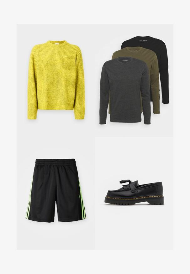 Geltonas megztinis su nervūnais, apvalia iškirpte ir ilgomis rankovėmis; ant krūtinės yra mažas logotipas.; Trys ilgarankoviai marškiniai tamsiai pilkos, alyvuogių žalios ir juodos spalvos. Pagaminti iš minkštos medžiagos, su apvaliais kaklo iškirpimais ir minimalistiniu dizainu.; Juodos sportinės šortai su elastinga juosmale, turinčios dvi vertikalias neoninės žalios spalvos juostas abiejose pusėse ir mažą logotipą priekyje kairėje pusėje.; Juodas odinis loaferis su kutais, turintis masyvų juodą pado ir geltonus siūlus palei kraštą. Textūruota danga.