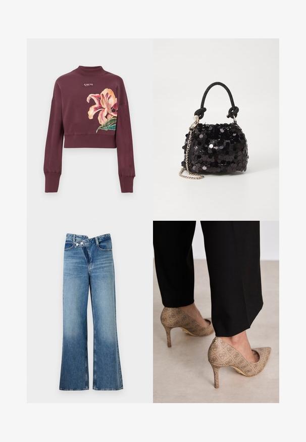 Sudadera recortada color burdeos con puños y cuello acanalados, que presenta un gran estampado de flores en tonos rosa y naranja y un pequeño logo de la marca en el pecho.; Jeans de mezclilla azul claro acampanados con cintura alta, que cuentan con dos botones y bolsillos frontales. La tela tiene una textura desteñida con variaciones sutiles.; Zapatos de tacón altos beige con una tela texturizada que presenta un patrón repetitivo. Diseño de punta afilada con un acento en la parte trasera y detalle de tacón dorado.; Bolso de mano mini negro con lentejuelas, con una correa de textura anudada y cadena plateada. Forma redondeada con parte superior fruncida y detalles reflectantes.