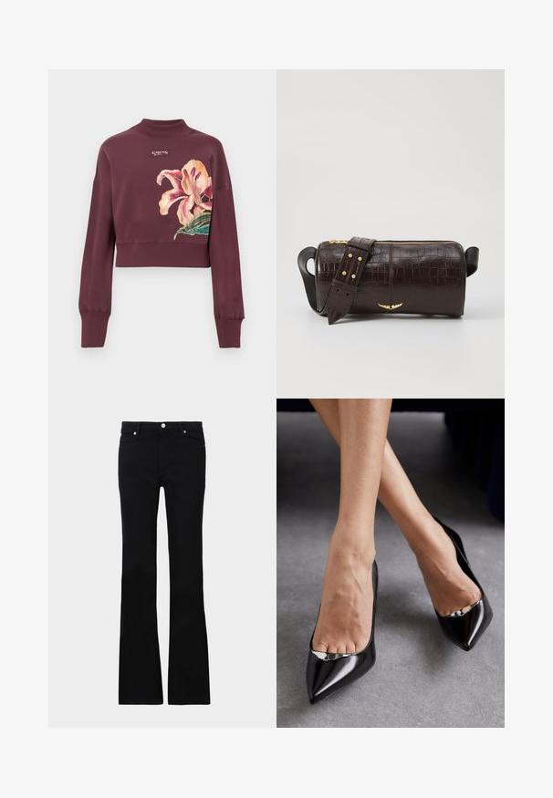 Sudadera scurtă bordó cu manșete și guler ribbate, având un imprimeu mare cu flori roz și portocalii și un mic logo al mărcii pe piept.; Blugi negri evazați din denim, care prezintă două buzunare frontale, o închidere cu buton și o textură netedă. Coaserea semnăturii vizibilă la cusături.; Pantofi negri din piele cu toc înalt, cu vârf ascuțit și design deschis, având un accent decorativ din argint. Textură netedă cu finisaj lucios.; Geantă din piele căptușită cu un model de crocodil de culoare maro, cu o formă cilindrică, accesorii de culoare aurie și un curea detasabilă cu tăieturi.