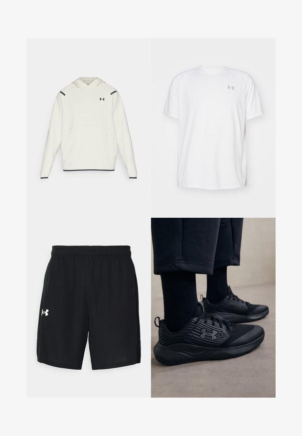 Haut à capuche blanc avec une poche kangourou, des accents noirs sur les épaules et un logo brodé sur la poitrine. Texture douce et design à enfiler.; T-shirt de sport à manches courtes de couleur blanche, fabriqué en tissu lisse. Il présente un col rond et un logo gris sur la poitrine gauche, avec des fentes sur les côtés au niveau de l'ourlet.; Shorts de sport noirs en tissu léger, dotés d'une taille élastique et d'un logo blanc sur le côté gauche.; Personne portant des baskets de sport noires avec des côtés texturés et un logo, associées à des chaussettes noires et un pantalon court sur un sol clair.