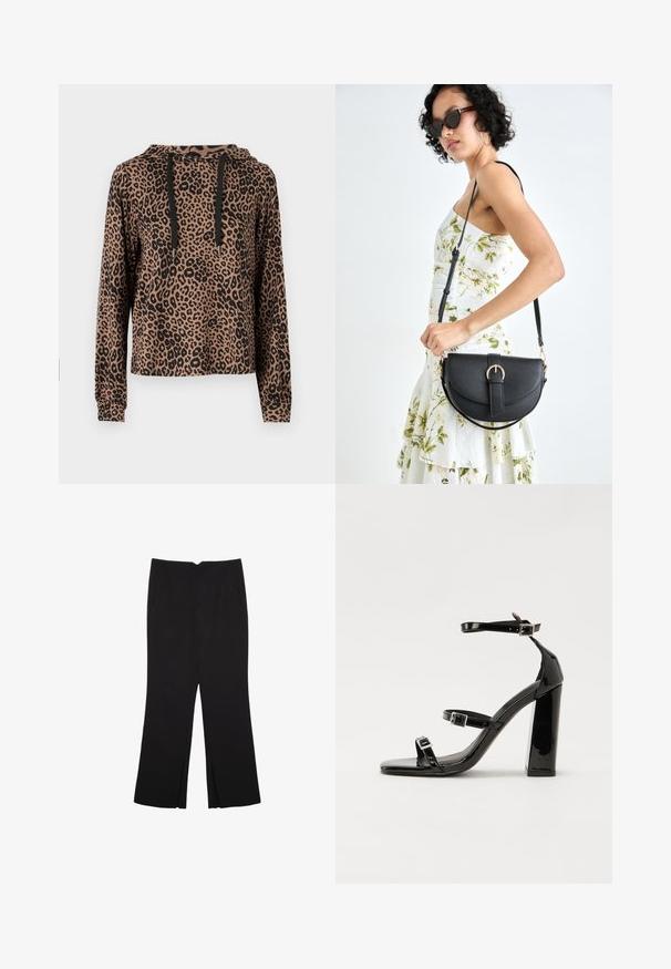 ONLY ONLMARIA HOOD - Sweater - otter; Zwarte broek met een rechte pasvorm, voorzien van zijzakken en plooien aan de onderzijde. Gemaakt van zachte, gladde stof. Geschikt voor verschillende gelegenheden.; Zwarte gepatenteerde sandalen met hak en een vierkante neus, enkelbandjes en zilveren gespen. Heeft een stevige blokhak voor stabiliteit.; Zwarte leren handtas met een gebogen vorm, afneembare schouderband en gouden hardware. De tas heeft een klep met een gespsluiting.