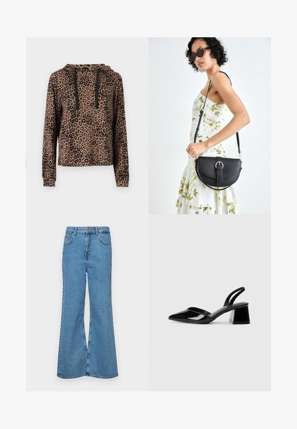 ONLY ONLMARIA HOOD - Sweatshirt - otter; Jean flare bleu clair en denim, avec une taille haute, cinq poches et une fermeture à un bouton. Texture douce avec une finition décolorée.; Escarpins en cuir verni noir avec bout pointu et talon bloc géométrique. Présente un design élégant et minimaliste ainsi qu'une texture lisse.; Sac à main en cuir noir avec une forme courbée, bandoulière amovible et des accessoires en or. Le sac est doté d'un rabat avec un détail de boucle.