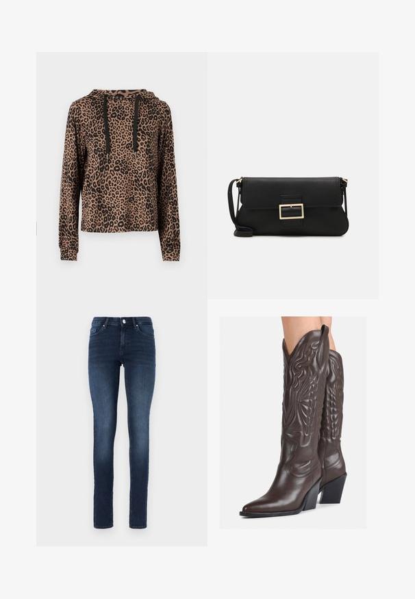 ONLY ONLMARIA HOOD - Sudadera - otter; Jeans skinny azul oscuro de mezclilla, con un clásico diseño de cinco bolsillos, cierre de botón y un ligero desgaste en los muslos.; Botas de vaquero de cuero marrón con punta afilada y tacón cuadrado, que presentan costuras detalladas y acentos elevados en el caño.; Bolso de mano de cuero negro con una solapa y un detalle de hebilla de metal dorado. Incluye una correa negra y un diseño elegante y minimalista.; Pendientes de aro plateados con un diseño minimalista. Forma circular, textura suave y perfil delgado. Livianos con un acabado pulido.