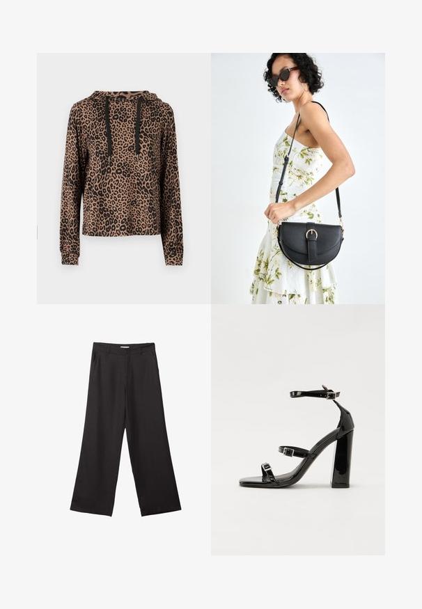 ONLY ONLMARIA HOOD - Sweatshirt - otter; Pantalons larges noirs en tissu lisse, dotés d'une fermeture éclair à l'avant et de deux poches latérales, avec une coupe ajustée et un design minimaliste.; Sandales à talons vernies noires avec un bout carré, des sangles autour de la cheville et des boucles en argent. Dotées d'un talon bloc épais pour plus de stabilité.; Sac à main en cuir noir avec une forme courbée, bandoulière amovible et des accessoires en or. Le sac est doté d'un rabat avec un détail de boucle.