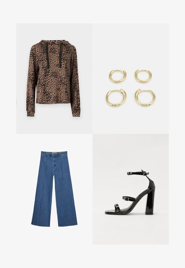 ONLY ONLMARIA HOOD - Sweater - otter; Brede denim jeans in medium blauw, met een hoge taille, knoopsluiting en contrasterende verticale naden aan de voorkant.; Zwarte gepatenteerde sandalen met hak en een vierkante neus, enkelbandjes en zilveren gespen. Heeft een stevige blokhak voor stabiliteit.; Gouden ringoorbellen, vier stuks, met een gladde afwerking, afgerond ontwerp, variërende maten, voorzien van een scharniersluiting voor gemakkelijk dragen.