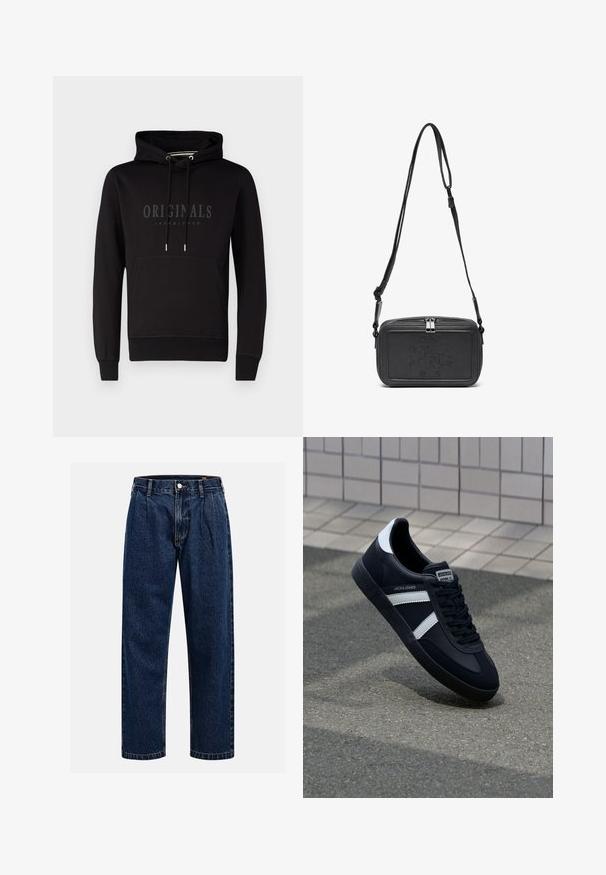 Mustaga kapuuts, millel on känguru tasku, paela kapuuts ja esiküljel reljeefne "ORIGINALS JACK & JONES" logo. Puuvillane segu materjal.; Tumed sinine denimiteksad sirge lõikega. Omavad nähtavat tikandit, nuppe sulgemiseks ning ees olevaid voldikesi lisadetailiks.; Must have musta sneaker musta valgete triipudega, tekstuurne kummitald ja nööridega esiosa. Omab bränditud märki keele peal.; Musternast mustriga nahast ristiõlgadega kott, millel on tõmbluku sulgemine, esiküljel on sissepressitud logo ja reguleeritav rihm. Sile tekstuur ja ristkülikukujuline kuju.