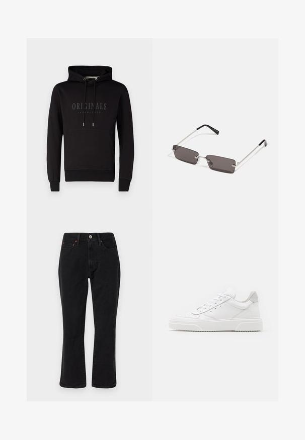 Črna kapuca s kenguru žepom, kapuco na vrvico in vtisnjenim logotipom "ORIGINALS JACK & JONES" spredaj. Material iz mešanice bombaža.; Črne kavbojke iz džinsa z ravnim krojem, petimi žepi in kovinskimi dodatki s bakrenimi akcenti. Gladka tekstura in srednji pas.; Bele usnjene športne copate z gladkim zaključkom, okroglo konico, ravnimi vezalkami in teksturiranim podplatom. Sivi semiš detajl na peti.; Očala za sonce s pravokotnimi, temno sivimi lečami, srebrnimi kovinskimi okvirji in črnimi plastičnimi konicami na ročajih. Lahka zasnova z nosnimi blazinicami.