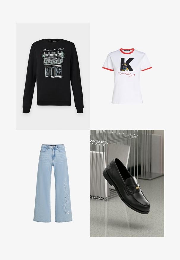 Must seljakampsun ümmarguse kaelusega, millel esiküljel valge ja helesinise kontuurjoonistusega hoone ja figuurid.; Valge puuvillane T-särk punase kaeluse ja varrukate äärega. Kujutamisel on must 'K' ja Donald Duck'i graafika punase allkirjaga.; Heledad sinine laia säärega teksapüksid, millel on vasakul jalal õmmeldud tekst "Donald ja Daisy". Omad klassikalise viie tasku disaini ja vöökohaga.; Mustast nahast loaferid sujuva viimistlusega, dekoratiivse riba ja väikese kuldse aktsendiga. Tald on lame ja varvas on ümar.