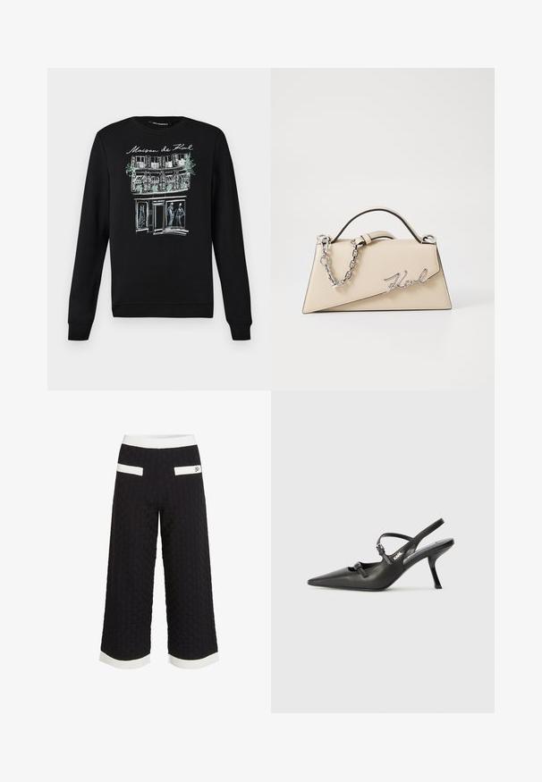 Fekete pulóver környakékkel, elöl fehér és világoskék körvonalú épület és alakok rajzával.; Fekete cropped nadrág textúrált, szőtt mintával. Fehér díszcsíkokkal a deréknál és az alján, valamint két hátsó zsebbel rendelkezik.; Fekete bőrszíjjal ellátott magassarkú cipő, hegyes orral, karcsú sarkával és díszes csattal a vamp részén. Simás textúra és elegáns dizájn.; Beige bőrtáska, struktúrált, háromszögletű formával, ezüst lánc fogantyúval és fém, írott logóval.