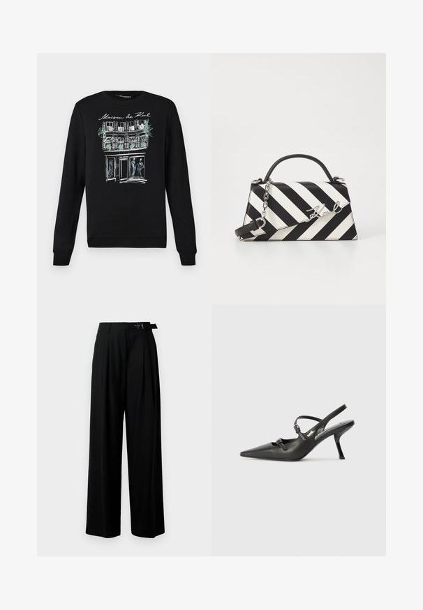 Must seljakampsun ümmarguse kaelusega, millel esiküljel valge ja helesinise kontuurjoonistusega hoone ja figuurid.; Mustad kõrge vöökohaga mustad laiad püksid, millel on ees voldid ja vöö, millel on pandla. Valmistatud siledast ja kergest kangast.; Must musta slingback kontsad, terava nina, peenike konts ja dekoratiivne pandla detail peal. Sile tekstuur ja stiilne disain.; Mustriga musta ja valgega käekott, millel on struktureeritud kuju, pehme käepide, eemaldatav ahelriba ja metallist logo aktsent.