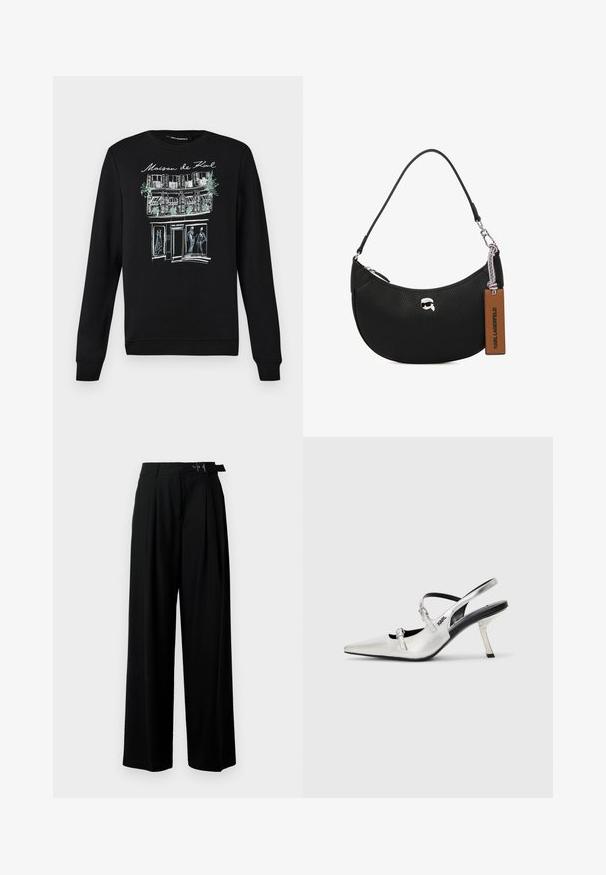 Sudadera negra con cuello redondo, con una ilustración delineada en blanco y azul claro de un edificio y figuras en el frente.; Pantalones de pierna ancha negros con cintura alta, pliegues en la parte delantera y un cinturón con hebilla. Confeccionados con una tela suave y liviana.; Zapatos de tacón slingback plateados con punta afilada, que cuentan con un acabado metálico suave, un tacón delgado y detalles de tiras decorativas.; Bolso de mano de cuero negro con textura granulada, forma curvada, cierre superior con cremallera, herrajes plateados y una etiqueta marrón. Presenta un acento con el logotipo.