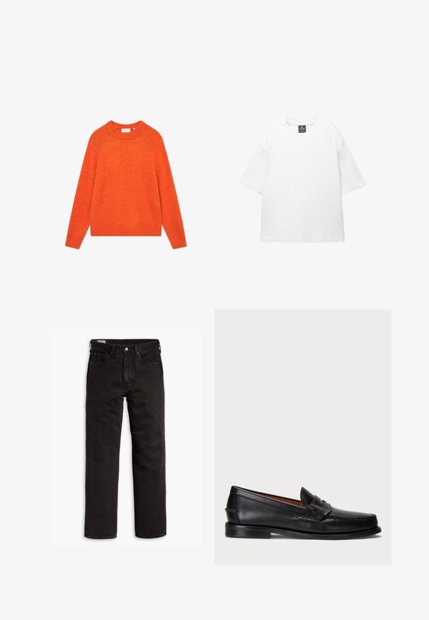 Pull orange en tissu doux, doté d'un col et d'un ourlet côtelés, avec des manches longues et une coupe décontractée. Sans motifs ni ornements.; T-shirt blanc à manches courtes en coton, avec un col rond et une coupe décontractée àOurlet droit. Sans motifs ni embellissements.; Jean en denim noir à jambes droites avec cinq poches, fermeture à bouton et passants de ceinture, posés à plat sur un fond blanc.; Mocassin en cuir noir avec un bout arrondi, des détails cousus et une sangle décorative à l'avant. Semelle plate avec un profil minimal.