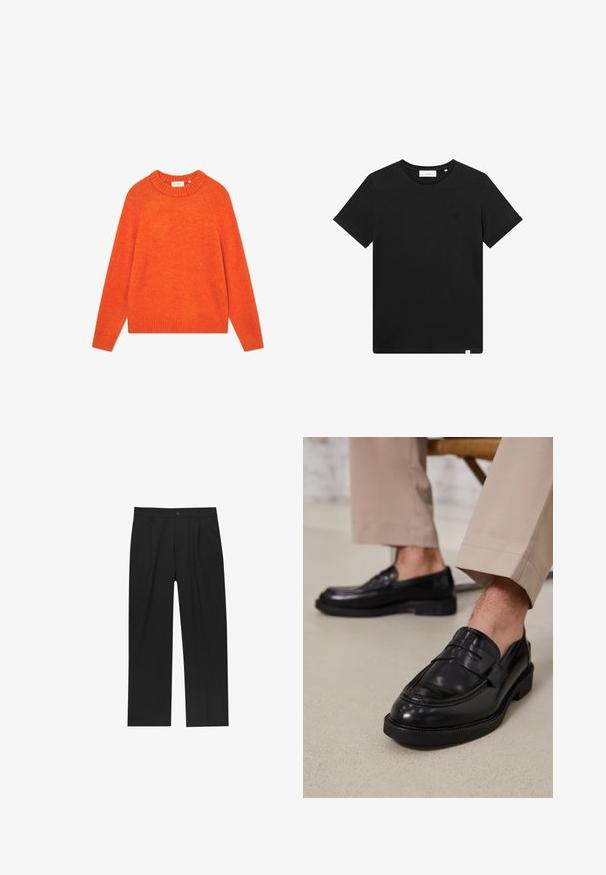 Oranžový svetr vyrobený z měkké látky, s ribovaným výstřihem a lemem, dlouhými rukávy a volným střihem. Bez vzorů nebo ozdob.; Černé tričko s krátkým rukávem vyrobené z bavlny, s kulatým výstřihem a malým vyšitým logem na hrudi. Hladká textura, standardní střih.; Černé kalhoty s rovnými nohavicemi, vyrobené z hladké tkaniny. Mají přední záhyby a jedno knoflíkové zapínání v pase.; Černé kožené loafers s hladkým povrchem, zdobené páskem a kontrastním prošíváním, spárované s béžovými kalhotami.