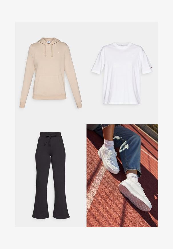 Béžová mikina s kapucňou vyrobená z mäkkého materiálu, s prednou vreckom, ribovanými manžetami a malým logom na hrudi.; Biela bavlnená tričko s okrúhlym výstrihom, krátkymi rukávmi a malým logom na ľavej hrudi. Má uvoľnený strih a jednofarebný dizajn.; Čierne rozšírené tepláky vyrobené z mäkkej látky, s opaskom na šnúrku a hladkou textúrou. Navrhnuté pre pohodlie a jednoduché nosenie.; Biele kožené tenisky s perforovanou špičkou, plochými šnúrkami a gumovou podrážkou. Nosí sa s bielymi ponožkami a svetlomodrými džínsami na červenom bežeckom ovále.