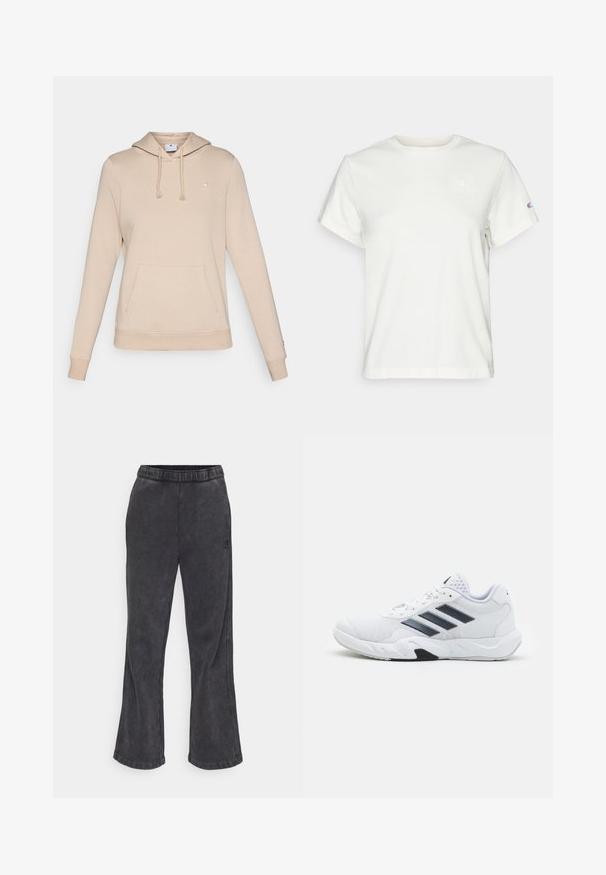 Hanorac bej cu glugă dintr-un material moale, având un buzunar frontal, manșete ribbate și un mic logo pe piept.; Tricou din bumbac alb, cu mânecă scurtă, de tip crew neck, având un mic logo pe partea superioară stângă a pieptului. Textură moale și croială standard.; Pantaloni de trening evazați din țesătură gri închis, cu o textură moale. Dispune de un talie elastică și un logo brodat pe lateral.; Adidași albi cu partea superioară din plasă, trei dungi negre pe lateral, accente texturate și o talpă din cauciuc solidă cu o secțiune contrastantă neagră.