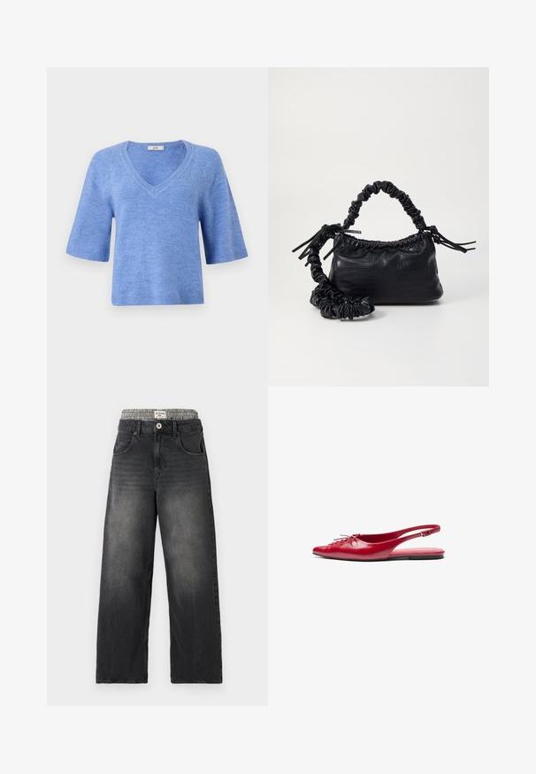 Kurzärmliger V-Ausschnitt-Pullover in Hellblau. Hergestellt aus weichem Material mit gerippten Akzenten an Ärmeln und Saum. Lockere Passform, leichtes Material.; Schwarze Jeans mit weitem Bein aus Denim und einem Hahnentritt-Muster am Bund. Merkmale sind Fronttaschen und ein Knopfverschluß. Mit einem abgenutzten Look.; Rote Leder-Slingback-Ballerina mit spitzem Zehenbereich und dekorativem Schnürdetail an der Vorderseite, ausgestattet mit einem schmalen Knöchelriemen und flachem Fußbett.; Schwarze Handtasche aus Kunstleder mit Krokodilstruktur, gerafftem oberen Teil und einem geschoppten Tragegurt. Sie wirkt weich und kompakt im Design.
