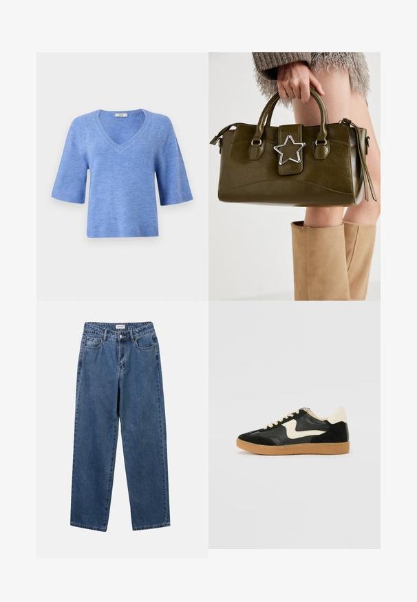Pull à manches courtes et col en V de couleur bleu clair. Fabriqué dans un matériau doux avec des accents côtelés aux manches et à l'ourlet. Coupe décontractée, texture légère.; Jean en denim bleu classique avec une coupe droite, cinq poches et une fermeture par bouton. Présente un lavage moyen et une texture robuste.; Baskets en daim et cuir noir avec un swoosh latéral crème et un talon crème clair. Dotées de lacets beige et d'une semelle en caoutchouc gomme.; Sac à main en simili cuir vert olive avec accent étoilé argenté, deux poignées et fermeture éclair. Surface texturée et forme structurée.