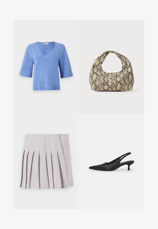 Löysästi istuva, lyhythihainen, V-kaula-aukkoinen neule vaaleansinisessä värissä. Valmistettu pehmeästä materiaalista, jossa on ribbikuvioituja yksityiskohtia hihoissa ja helmassa. Kevyt rakenne.; Harmaa laskostettu hame, jossa on sileä pinta, useita pystysuoria laskoksia ja kapea vyötärö. Valmistettu kevyestä kankaasta.; Mustan nahkainen slingback-kengät, joissa on terävä nenä ja kapea, kaareva korko. Varustettu huomaamattomalla säädettävällä hihnalla, jossa on metallinen solki.; Käärmeennahkakuosiset käsilaukku, jossa on kaareva kahva. Tehty teksturoiduista beigeistä ja ruskeista materiaaleista, joissa on erottuva timanttikuvio.
