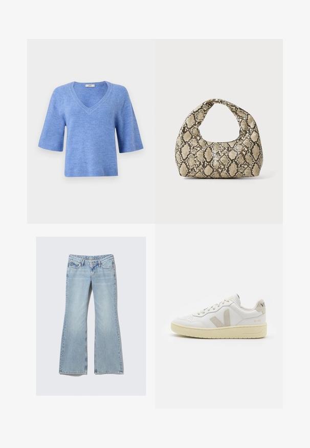 Pulover kratkih rukava s V-izrezom u svijetloplavoj boji. Izrađen od mekog materijala s rebrastim detaljima na rukavima i rubu. Opušteni kroj, lagana tekstura.; Weekday NOVA - Traperice uskog kroja - lip blue; Bijele kožne tenisice s bež nubuk naglascima, perforiranim prednjim dijelom, ravnim čipkama i teksturiranom kremastom potplatom. Sadrži suptilni brend na pete.; Torba s uzorkom zmije s zakrivljenom drškom. Izrađena od teksturiranih materijala u bež i smešnim tonovima, sa karakterističnim dijamantnim uzorkom.