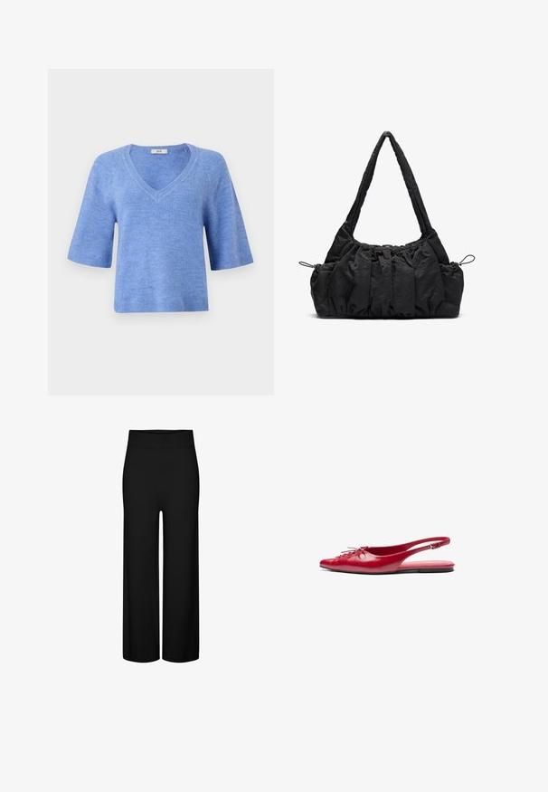 Lühikeste varrukatega, V-kaelusega kergelt sinine kampsun. Valmistatud pehmest materjalist, millel on soonilised aktsendid varrukkes ja kapuutsis. Lõdva lõikega, kerge tekstuur.; Mustad laiad pükste küljed, veniva vöökohaga, sileda tekstuuriga ja ilma silmapaistvate mustrite või aktsentideta.; Punane nahast slingback tasane king, millel on terav nina ja dekoratiivne nöördetail ees, õhuke pahkluu rihm ja litte talla. ; Must mustriga käekott, millel on kogutud tekstuur, kaks õlarihma ja külgedel nöörkinnitus. Sujuv ja kerge materjal.