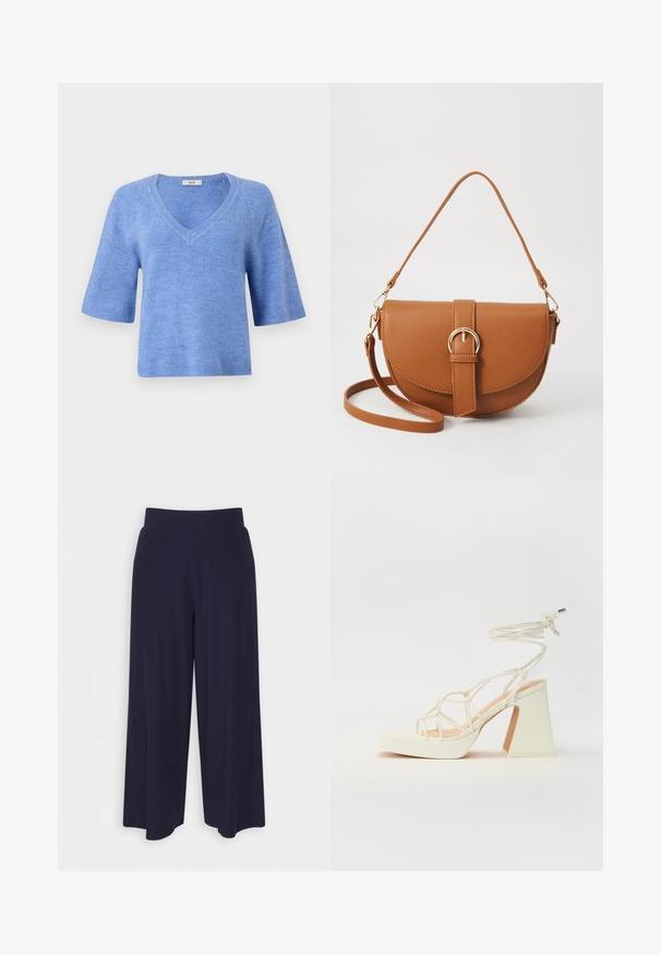 Pulover s kratkimi rokavi in V-izrezom v svetlo modri barvi. Narejen iz mehkega materiala z rebrastimi detajli na rokavih in robu. Ohlapen kroj, lahek material.; Široke hlače iz temno modrega blaga z rebrasto teksturo. Imajo gladek pas in tekoč silhueto, ki seže do sredine tele.; Bela sandala na visokih petah s debelim petam, ki ima obliko trakcev in vezanje okoli gležnja. Gladka tekstura z platformo spredaj za dodatno višino.; Rjava usnjena torbica prek telesa s ukrivljeno obliko, zlate opreme in sponko. Ima odstranljiv naramni trak.