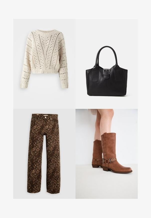 Suéter de ganchillo color crema con un dobladillo corto, mangas largas y patrones de calados que presentan diseños verticales y horizontales en toda la prenda.; Jeans de pierna ancha con estampado de leopardo en marrón y beige. Fabricados en mezclilla, con un diseño clásico de cinco bolsillos y acentos de hardware metálico.; Botas de tobillo de cuero marrón con una puntera ligeramente puntiaguda, hebillas decorativas y un tacón bajo y apilado. Textura suave con un acabado mate.; Bolso tote de cuero negro con textura suave, forma estructurada, dos asas y un prominente detalle de hebilla plateada en la parte frontal.