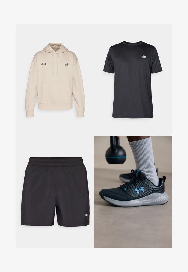 Beige hooded sweatshirt made of soft fabric featuring a front pocket, drawstrings, and printed logos on the chest.; New Balance Sports T-shirt - black; Black athletic shorts with an elastic waistband, made from lightweight material, featuring a small white logo on the lower side.; Black athletic shoe with blue accents, textured upper, and gray sole. Worn with gray ribbed socks, beside a black kettlebell.