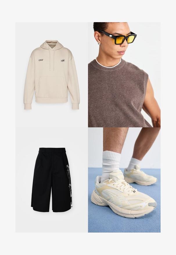 Felpa con cappuccio beige realizzata in tessuto morbido, dotata di tasca frontale, cordini e loghi stampati sul petto.; Shorts neri in cotone con una vestibilità rilassata, gamba dritta e una particolare stampa grafica bianca su un lato. Doppie passanti per la cintura.; Scarpe da ginnastica giallo chiaro con sovrapposizioni in rete e sintetico, dotate di lacci, suola ammortizzata e logo sulla linguetta.; Occhiali da sole neri a forma rettangolare con lenti gialle, indossati con un maglione senza maniche marrone. Accentuati da un logo di un orso bianco sulla montatura.