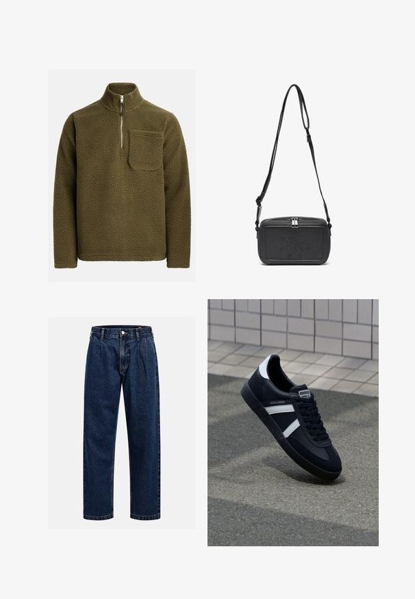 Olive zaļas vilnas džemperis ar pus-iepakojuma apkakli un kreisajā krūšu daļā kabatu. Strukturēts, mīksts materiāls ar brīvu piegriezumu.; Krēmkrāsas kokvilnas T-krekls ar īsām piedurknēm un apaļu kakla izgriezumu. Ar zilas un sarkanas krāsas grafisku druku, kas ietver tekstu un motīvu.; Tumši zilie džinsu bikses ar taisna kāju dizainu. Iezīmējas redzamas šuves, pogu aizdare un priekšējie gurni papildu detaļām.; Melnā ādas sporta apavi ar baltām svītrām, teksturēta gumijas zole un auklu aizdare. Iekļauj zīmola etiķeti uz mēles.; Melna ādas soma uz pleca ar zīmolu, slēdzamu rāvējslēdzēju un regulējamu siksnu. Gluda tekstūra un taisnstūru forma.