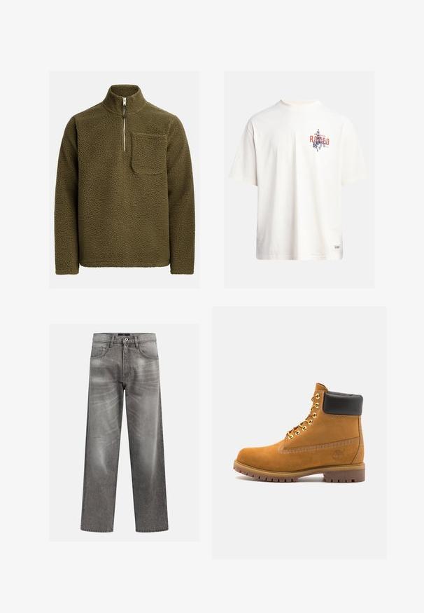 Olíva zöld színű fleece pulóver, félig cipzárral és bal oldali mellen lévő zsebbel. Texturált, puha anyag, mely lazán illeszkedik.; Krém színű, pamut póló rövid ujjakkal és kerek nyakú kivágással. Kék és piros grafikával, szöveggel és motívummal díszített.; Szürke farmernadrág, laza fazonnal, kopott és kifakulás részletekkel, klasszikus öt zsebes kialakítással és gombos záródással.; Barna velúr bokacipő fekete párnázott gallérral, arany fém fűzőlyukakkal, fehér varrási részletekkel és durva gumitalppal, amelynek kifejezett barázdái vannak.