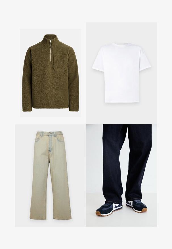 Pulôver de fleece em verde-oliva, com um colarinho de meia zíper e um bolso no lado esquerdo do peito. Material texturizado e suave com um corte descontraído.; Camiseta branca de algodão com decote redondo e mangas curtas. Textura suave, corte reto, sem padrões ou detalhes. Visão apenas da parte de trás.; Jeans de perna larga em azul claro, feitos de denim com um acabamento desbotado. Apresenta cinco bolsos e um fecho de botão na frente.; Tênis atléticos em azul marinho e branco com um upper texturizado, cadarços e sola de borracha, combinados com calças de ganga escuras com costuras laranja.