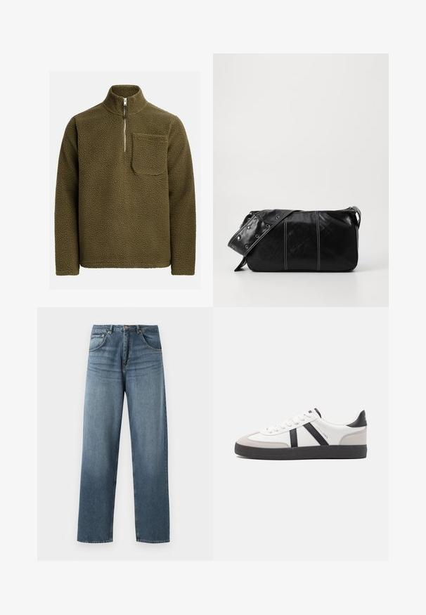 Fleece-pusero oliivinvihreänä, jossa on puoli-vetoketjukaulus ja vasemmalla rinnassa tasku. Rakenteellinen, pehmeä materiaali rentoa istuvuutta varten.; Suorat siniset farkut, joissa on haalistunut pesu, viiden taskun muotoilu, metallinen nappi ja vyölenkit. Rakenne on keskikokoista painoa oleva kangas.; Valkoiset lenkkarit mustilla ja harmailla yksityiskohdilla, joissa on teksturoitu harmaa kärki, musta kumipohja ja litteät valkoiset nauhat. Siisti muotoilu, minimalistinen tyyli.; Mustakulmainen nahkainen olkalaukku, jossa on vetoketjukiinnitys, teksturoitu pinta, valkoiset ompeleet ja hihna, jossa on hopeiset niitit.