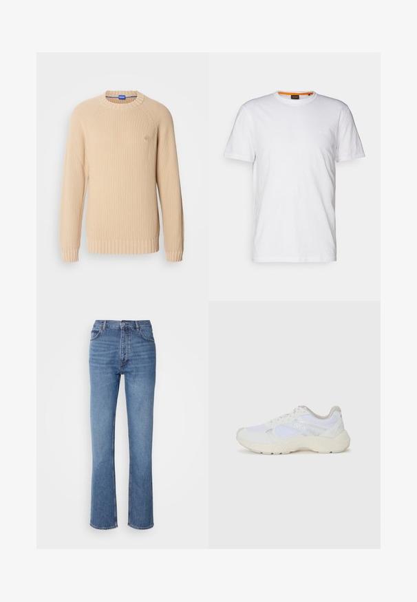 Maglione beige lavorato a maglia con polsini e orlo a coste, presenta un colletto rotondo e maniche a raglan. Dettaglio del piccolo logo sul petto.; T-shirt bianco in cotone con collo rotondo, maniche corte e un logo a rilievo discreto sul petto. L'etichetta interna ha un accento arancione.; Jeans in denim blu con vita alta, design a gamba dritta e leggera sbiaditura. Presentano il classico stile a cinque tasche e chiusura con zip.; Scarpe da ginnastica bianche in mesh e suede, con una suola intermedia testurizzata, dettagli testurizzati e il logo "HUGO" sul lato.