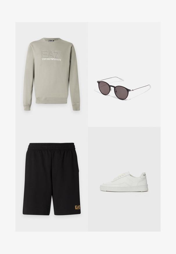 Bluză gri deschis cu mâneci lungi și guler rotund, cu logo-ul "EA7 Emporio Armani" centrat pe piept.; Shorts atletici negri dintr-un material moale, având o talie elastică și un mic logo galben EA7 pe partea inferioară a piciorului stâng.; Sneakers din piele albă cu un finisaj neted, vârf rotund, șireturi plate și o talpă texturată. Prezintă un logo subtil pe călcâi.; Ochelari de soare negri rotunzi cu lentile întunecate și brațe metalice subțiri. Include vârfuri transparente pentru brate și accente argintii la balama. Design minimalist.
