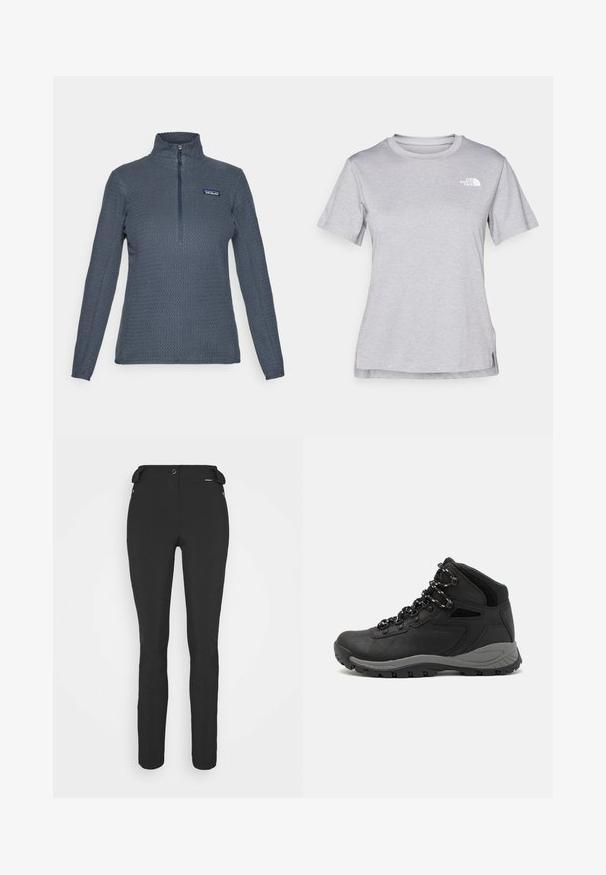 Temno sivi teksturiran flis pulover z dolgimi rokavi, visokim ovratnikom, četrt zadrgo in logotipom Patagonia na levi prsni strani.; Siva kratka majica s kratkimi rokavi, izdelana iz mehkega, vlago odvračajočega materiala. Ima okroglo izrez in majhen bel logotip na zgornji levi strani.; Črne prileganje hlače, izdelane iz fleksibilnega materiala. Značilnosti vključujejo žep z zadrgo na strani, artikulirana kolena in gladko teksturo.; Črne pohodniške čevlje z srednje visokim dizajnom, ki imajo teksturirano zgornji del, sivi dodatki in vzdržljiv gumen podplat s protizdrsnimi izboklinami.