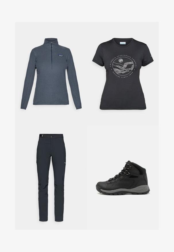 Ciemnoszary, teksturowany polar z długimi rękawami, wysokim kołnierzem, ćwierć zamkiem i logo Patagonia na lewej piersi.; Czarny t-shirt Columbia z białą okrągłą grafiką gór i rzeki oraz napisem "Columbia Sportswear Company Outside Since 1938."; Męskie spodnie outdoorowe, ciemnoszare, wykonane z elastycznego materiału, z paskiem, kieszeniami na zamek oraz wzmocnionymi szwami.; Czarne buty trekkingowe z średnim cholewem, z teksturowaną cholewą, szarymi akcentami oraz trwałą gumową podeszwą z wypustkami zapewniającymi przyczepność.