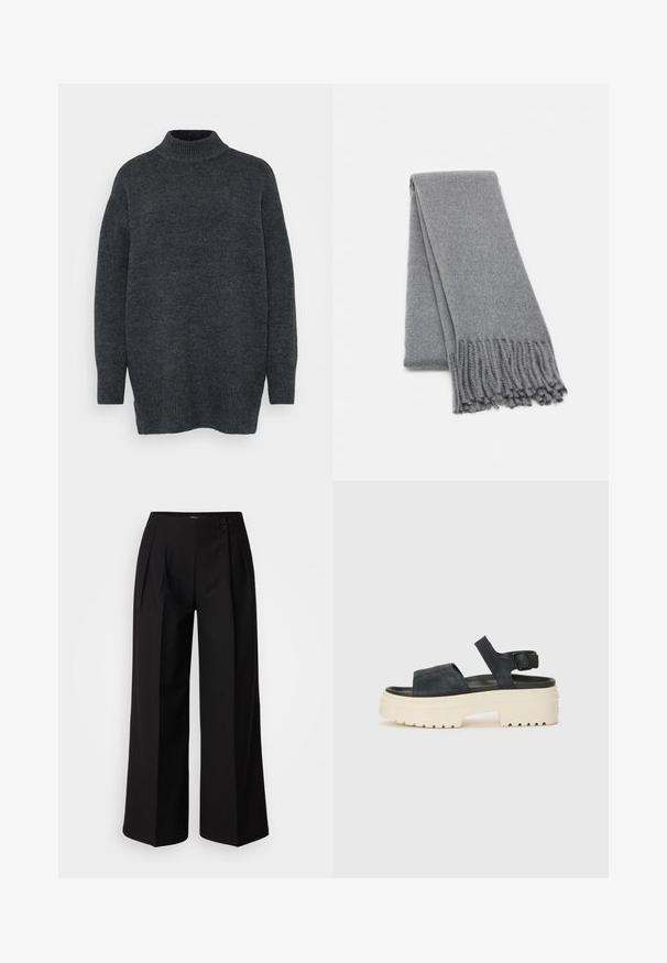 Üks suur turtleneck sviiter tumehallist kiust. Omab soonikuid mansette ja alläänt, pehmet tekstuuri ning külgslõikeid allääres, et tagada mugav sobivus.; Mustad kõrge vöökoht ja laiad püksid, millel on pleedid ja kaks esistardipunkti. Valmistatud siledast kangast, disainitud kohandatud välimuse saavutamiseks.; Mustad musta sametist platvormsandaalid, millel on paks valge tald, lai esirihm ja reguleeritav pahkluu nööpe. Tekstureeritud tallad haardevad.; Hall hõbe villane sall pehme tekstuuriga, millel on äärised ja lihtne disain. Korralikult kokku volditud, rõhutades selle piklikku kuju.