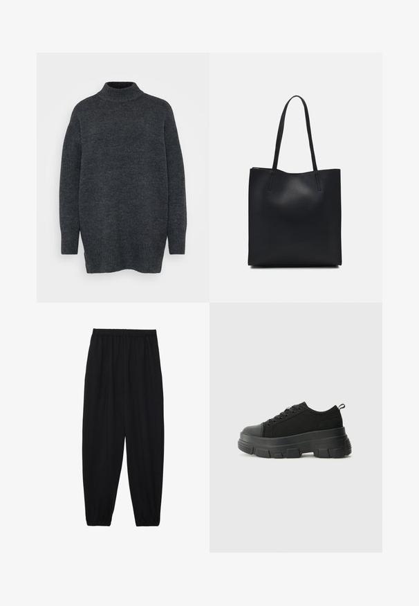 Oversized turtleneck sweater in dark gray knit. Features ribbed cuffs and hem, soft texture, and side slits at the hem for a relaxed fit.; Black, lightweight pants with an elastic waistband and gathered ankles. The fabric is smooth and features a relaxed, tapered design.; Black sneakers with a chunky rubber sole, textured fabric upper, round toe, and lace-up design. Features reinforced eyelets and back pull tab.; Black leather tote bag with smooth texture, rectangular shape, and two long handles. No visible hardware or embellishments.