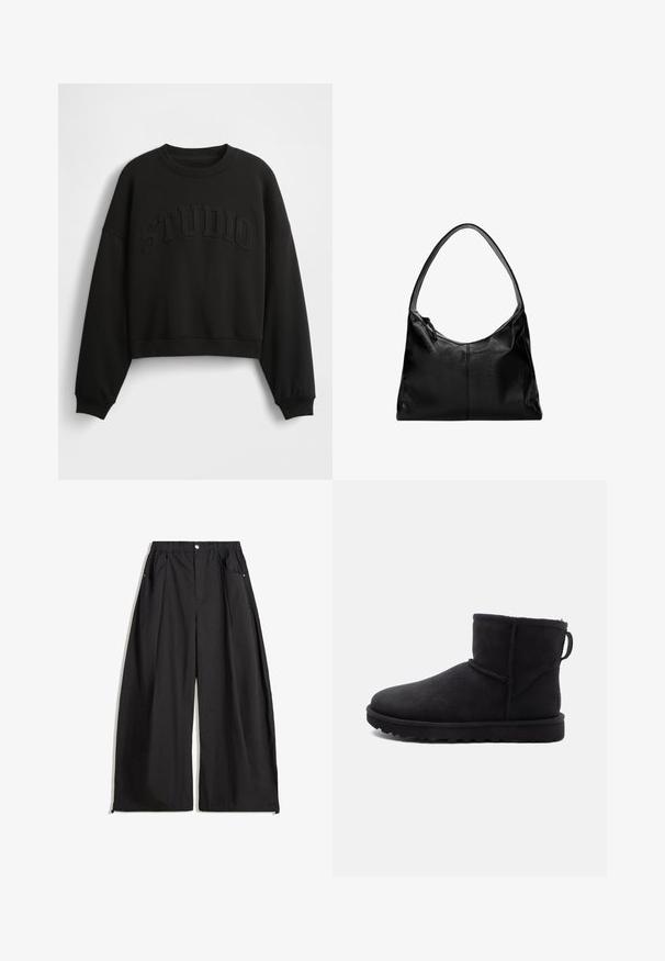 Čierna skrátená mikina so širokými rukávmi a reliéfnym nápisom "STUDIO" na prednej strane, vyrobená z hladkej látky. Približný okrúhly výstrih.; Čierne široké nohavice s vysokým pásom, so záhybmi, predným zapínaním na gombík a dvomi bočnými vreckami. Vyrobené z látky s textúrovaným povrchom.; Čierne semišové členkové topánky s okrúhlym priehlbom, ovčou podšívkou a plochou gumovou podrážkou. Majú bočný šev a pútko na zadnej strane.; Čierna kožená taška cez rameno s hladkou textúrou, zakrivenou hornou časťou a jedným popruhom. Má zipsové uzatváranie a minimalistický dizajn.