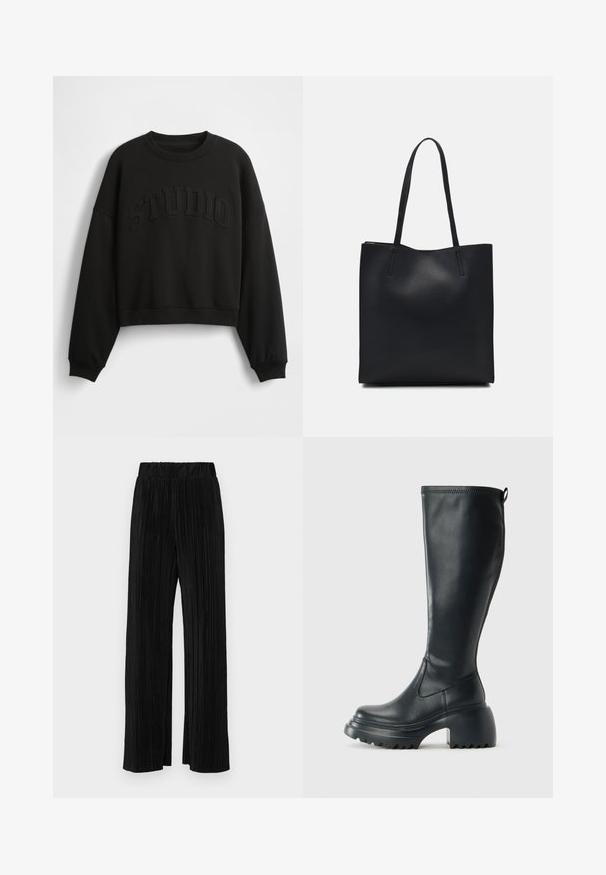 Melnā ķermeņa garuma sporta krekls ar platajiem piedurknēm un izceltiem burtiem "STUDIO" priekšpusē, izgatavots no gludas auduma. Aptuvena apaļā apkakle.; Melni plīšu bikses ar elastīgu jostu. Tām ir platākas kājas un gluda, teksturēta auduma ar vertikālām svītrām.; Augstas melnas ādas zābakus ar masīvu platformu un bloka papēdi, ar vilkšanas cilpu un strukturētu profilu uz ārējā zoles.; Melnas ādas somiņa ar gludu tekstūru, taisnstūra formu un divām garām rokturiem. Nav redzamu aparatūras vai rotājumu.