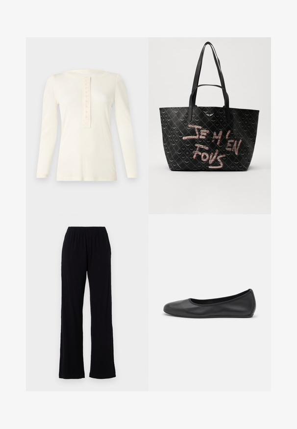 Langärmliges cremefarbenes Oberteil aus weicher Material mit einem runden Ausschnitt und einer Knopfleiste mit neun Knöpfen in der Mitte.; Schwarze, leichte, elastische Hose mit geradem Bein. Weicher Stoff ohne sichtbare Muster oder Akzente. Schlichter und vielseitiger Stil.; Schwarze Leder-Ballettschuhe mit abgerundeter Spitze, glatter Textur, minimalen Nähdetails und einem flexiblen Sohlen-Design.; Schwarze Tote-Bag aus strukturiertem Material mit Rautenmuster, Schulterriemen und auffälligem roten und weißen Text "JE M'EN FOUS."