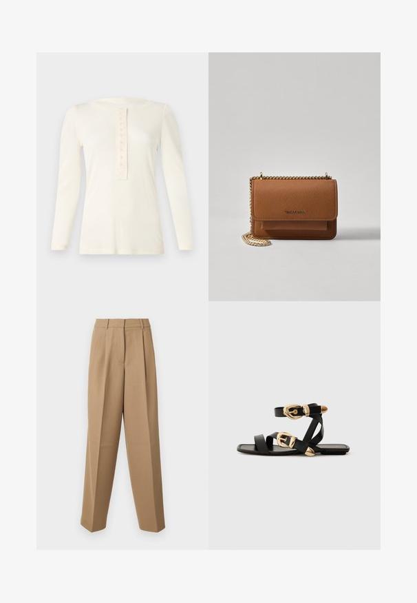 Langärmliges cremefarbenes Oberteil aus weicher Material mit einem runden Ausschnitt und einer Knopfleiste mit neun Knöpfen in der Mitte.; Beige maßgeschneiderte Hose mit hoher Taille, gefaltetem Vorderteil und weitem Bein. Der Stoff wirkt glatt mit einem leichten Glanz.; Schwarze Ledersandalen mit goldenen Schnallenakzenten, die mehrere Riemen und ein flaches Sohlendesign für das Tragen mit offenen Zehen bieten.; Braune strukturierte Ledertasche mit goldener Kettenriemen und Klappenverschluss. Die Vorderseite zeigt ein Logo-Detail und eine Tasche unter der Klappe.