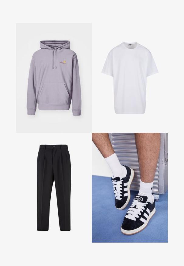 Felpa viola in misto cotone, con tasca centrale a marsupio, cappuccio con lacci e logo ricamato sul petto.; Maglietta bianca in cotone con maniche corte, scollatura rotonda, vestibilità comoda e senza loghi o motivi visibili. Texture liscia e design minimale.; Pantaloni neri con design a pieghe sul davanti, realizzati in tessuto morbido. Presentano una chiusura con bottone e passanti per cintura; vestibilità a gamba dritta.; Sneakers in suede nero con lacci bianchi e tre strisce bianche. Presentano un logo circolare nero sulla linguetta e una suola in gomma color gomma.