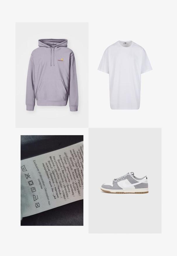 Vijolična kapuca iz mešanice bombaža, ki vsebuje osrednji kenguru žep, kapuco z vrvico in vezen logotip na prsih.; Bela bombažna majica s kratkimi rokavi, okroglim izrezom, sproščenim krojem in brez vidnih logotipov ali vzorcev. Gladka tekstura in minimalen dizajn.; Oznaka s večjezičnim besedilom, simboli za nego in ikonami za recikliranje, tiskana na mehkem tkaninskem materialu svetle barve.; Sive in bele teniske s suknim in usnjem zgornjim delom, zaobljenim nosom, ravnimi vezalkami in gumijastim podplatom z dodatkom gumijaste barve.