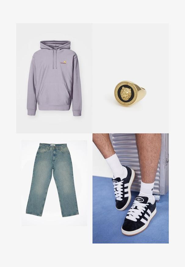 Púderkék kapucnis pulóver pamut keverékből, középen egy kenguru zsebbe, húzózsinóros kapucnival és hímzett logóval a mellkason.; Fehér, rövid ujjú póló, puha pamutból készült. Kerek nyakkivágással és laza szabással rendelkezik, sima textúrával és egyszerű, díszítés nélküli kivitelben.; Világoskék farmernadrág magas derékkal és széles lábakkal. Elöl zsebekkel, cipzáros záródással és látható varrási részletekkel rendelkezik.; Fekete velúr sportcipők fehér fűzőkkel és három fehér csíkkal. A nyelvén egy kör alakú fekete logó található, valamint egy gumis talp.; Arany színű gyűrű, kiemelkedő oroszlánmotívummal, fekete háttérrel, amelyet a márkanevével gravírozott kör alakú sáv keretez.