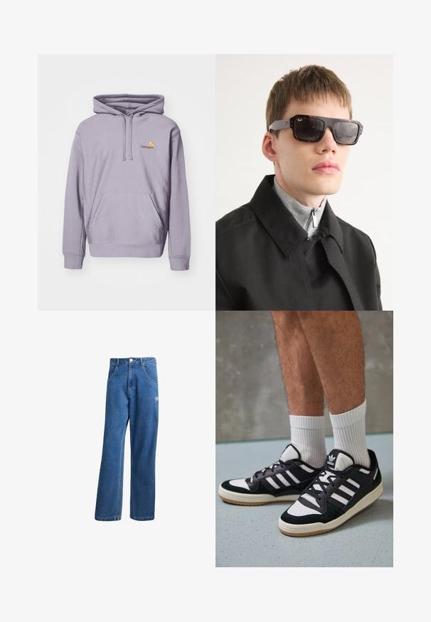 Violetinis džemperis iš medvilnės mišinio, su centriniu kengūros kišeniu, raišteliu reguliuojamu gobtuvu ir siuvinėjamu logotipu ant krūtinės.; Mėlynos aukštu liemeniu plačios džinsinės kelnės su priekinėmis kišenėmis, diržo kilpos, sagčių uždarymu ir mažu Adidas logotipu dešinėje šlaunyje.; Juodos ir baltos sportinės bateliai su zomšiniu ir odiniu viršumi, su trimis baltomis juostelėmis, perforuota koja ir guminėmis padais.; Akmens žaliadėžėje akiniai nuo saulės su juodais akcentais ir stačiakampiu pavidalu. Pilki uždangalai su prekių ženklu. Dėvimi su juodu paltu ir pilku aukštu kaklu.